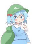  1girl absurdres backpack bag bangs blue_eyes blue_hair blue_skirt cup drink drinking drinking_straw esu_(wgdg3833) green_headwear hair_bobbles hair_ornament highres kawashiro_nitori short_hair simple_background skirt touhou white_background 