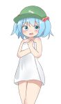  1girl bangs blue_eyes blue_hair blush embarrassed esu_(wgdg3833) hair_bobbles hair_ornament highres kawashiro_nitori naked_towel short_twintails simple_background touhou towel twintails white_background 