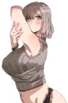  1girl black_panties blush bob_cut bow_(bhp) brown_eyes closed_mouth cropped_sweater grey_hair grey_sweater looking_at_viewer medium_hair midriff navel original panties simple_background solo standing sweater underwear upper_body white_background 