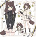  ame_ame animal_ears bandages black_legwear brown_hair chibi full_body green_eyes highres hood long_sleeves open_mouth original shorts tail white_footwear 