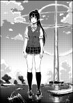  1girl :o absurdres bangs breasts clouds collared_shirt commentary_request cross ei_todo giant giantess greyscale highres medium_breasts monochrome neon_genesis_evangelion nijisanji parody ponytail school_uniform shirt sky socks solo standing surprised tsukino_mito vest virtual_youtuber water 