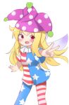  1girl :d absurdres american_flag_dress american_flag_legwear bangs blonde_hair clownpiece dress esu_(wgdg3833) fairy_wings highres long_hair open_mouth purple_headwear red_eyes short_sleeves simple_background smile star_(symbol) star_print striped striped_dress striped_legwear touhou v white_background wings 