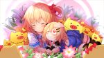  2girls akai_haato bangs black_legwear blonde_hair blush bow bowtie chibi closed_eyes cute dual_persona duplicate eyebrows_visible_through_hair eyepatch flower haaton_(akai_haato) hair_ornament hair_ribbon heart heart_hair_ornament highres hololive hug kira_dx_kira light_rays long_hair lying medical_eyepatch multiple_girls one_side_up pixel-perfect_duplicate red_ribbon ribbon shirt skirt smile sunbeam sunlight thigh-highs thigh_strap very_long_hair virtual_youtuber 