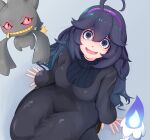  1girl @_@ ahoge alternate_breast_size banette bangs black_hair breasts dress gen_3_pokemon gen_5_pokemon grey_background hair_between_eyes hairband hex_maniac_(pokemon) highres litwick long_dress long_hair medium_breasts messy_hair open_mouth pokemon pokemon_(creature) pokemon_(game) pokemon_xy purple_hair purple_hairband ribbed_sweater simple_background smile sweater tomitakeziro very_long_hair violet_eyes 