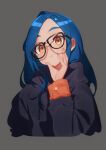  1girl absurdres black-framed_eyewear black_hoodie blue_hair closed_mouth fingernails glasses grey_background hand_up highres hood hood_down hoodie long_hair long_sleeves looking_at_viewer orange_eyes original ryusei_hashida simple_background solo upper_body 