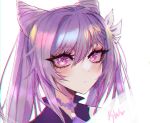  1girl commentary eyebrows_visible_through_hair genshin_impact hair_between_eyes heart highres keqing_(genshin_impact) knifewaifu light_blush long_hair looking_at_viewer portrait purple_hair simple_background solo twintails violet_eyes watermark white_background 