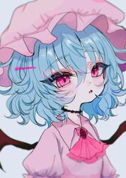  1girl ascot bangs bat_wings blue_hair blur choker eyebrows_visible_through_hair grey_background hair_between_eyes hat highres looking_at_viewer mob_cap open_mouth pink_eyes pink_headwear puffy_short_sleeves puffy_sleeves remilia_scarlet renakobonb short_hair short_sleeves simple_background solo touhou twitter_username upper_body wings 