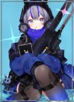  1girl absurdres animal_ears arknights bangs blue_eyes blue_hair blunt_bangs blush candy charm_(object) double_bun food food_in_mouth glaucus_(arknights) highres lollipop long_sleeves multicolored_hair railgun solo streaked_hair tablet_pc thigh-highs weapon yayotei 
