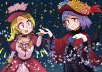  2girls alternate_costume bat_wings black_gloves black_wings blonde_hair carte flandre_scarlet gem gloves holding_hands looking_at_another looking_at_viewer multiple_girls open_mouth pointy_ears purple_hair red_eyes remilia_scarlet smile touhou white_gloves wings 