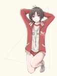  1girl abstract_background antenna_hair arms_behind_head black_hair idolmaster iso_(nh15mint) jacket kikuchi_makoto open_clothes open_jacket shoes short_hair shorts sneakers solo track_jacket violet_eyes whistle whistle_around_neck 