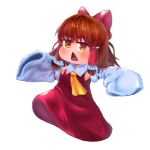  1girl bangs blush bow brown_eyes brown_hair commentary_request cookie_(touhou) detached_sleeves dress eyebrows_visible_through_hair frilled_hair_tubes frills full_body hair_between_eyes hair_bow hair_tubes hakurei_reimu looking_at_viewer medium_hair necktie open_mouth psychic_parrot red_bow red_dress ribbon-trimmed_sleeves ribbon_trim sakenomi_(cookie) sleeves_past_wrists solo touhou transparent_background triangle_mouth white_sleeves yellow_neckwear 