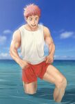  1boy :d bare_arms bare_shoulders blurry bulge day depth_of_field highres itadori_yuuji jujutsu_kaisen leg_lift male_focus naoki_(xhju8282) ocean open_mouth outdoors pink_hair red_shorts short_hair short_shorts shorts smile solo spiky_hair standing tank_top toned toned_male wading water white_tank_top 