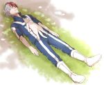  1boy animal bangs blue_pants blue_shirt boku_no_hero_academia boots burn_scar cat closed_eyes commentary_request day full_body gloves grass hair_between_eyes lying male_focus multicolored_hair on_back on_grass outdoors pants parted_lips redhead scar shirt sleeping solo todoroki_shouto tonomayo two-tone_hair u.a._gym_uniform white_footwear white_gloves white_hair 