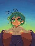  1girl antennae bangs black_cape black_shorts breasts cape closed_mouth collared_shirt commentary cowboy_shot gradient gradient_background green_background green_eyes green_hair highres holding holding_cape looking_at_viewer red_cape shirt short_hair shorts small_breasts smile solo touhou two-sided_cape two-sided_fabric ugif white_shirt wriggle_nightbug 