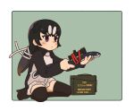  1girl ammunition_box bird_girl bird_tail black_hair black_legwear black_sweater blush commentary eel eyebrows_visible_through_hair great_auk_(kemono_friends) hair_tie highres kemono_friends kneeling long_hair multicolored_hair scope solo sorairo_meronpan sweater thigh-highs turtleneck two-tone_hair two-tone_sweater violet_eyes white_hair white_sweater zettai_ryouiki 