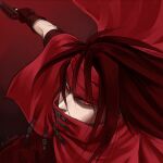  1boy black_hair cloak final_fantasy final_fantasy_vii glaring gun headband hidden_mouth long_hair looking_at_viewer pafeena pale_skin red_background red_cloak red_eyes red_headband vincent_valentine weapon 