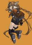  1girl absurdly_long_hair aciddrop_(arknights) ahoge animal_ears arknights bangs bird_ears black_footwear black_gloves black_legwear black_shirt black_shorts blue_eyes breasts brown_hair commentary_request eyebrows_visible_through_hair eyewear_on_head gloves goggles goggles_on_head hair_between_eyes highres id_card jacket lanzi_(415460661) leg_strap long_hair long_sleeves medium_breasts neckerchief orange_background orange_jacket pointing pouch shirt short_hair shorts simple_background solo thigh-highs very_long_hair 