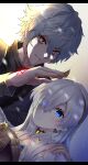  1boy 1girl anastasia_(fate) anemone_noa bangs blue_eyes command_spell curly_hair doll eyebrows_behind_hair eyebrows_visible_through_hair fate/grand_order fate_(series) hair_between_eyes hair_over_one_eye hairband highres holding holding_doll jewelry kadoc_zemlupus long_hair necklace orange_eyes short_hair silver_hair simple_background snowing upper_body white_background 