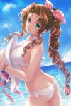  1girl aerith_gainsborough ass beach bikini black_l blue_sky bow brown_hair butt_crack clouds commentary_request cowboy_shot day final_fantasy final_fantasy_vii green_eyes hair_ribbon hat hat_removed headwear_removed highres holding holding_clothes holding_hat long_hair looking_at_viewer outdoors pink_bow ponytail ribbon side-tie_bikini sky solo sun_hat swimsuit white_bikini white_headwear yano_takumi 