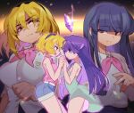  2girls blonde_hair collared_shirt furude_rika headband higurashi_no_naku_koro_ni hime_cut houjou_satoko interlocked_fingers kakera long_hair multiple_girls neckwear older purple_hair red_eyes sanjiro_(tenshin_anman) school_uniform shirt short_hair st._lucia_academy_school_uniform violet_eyes younger 