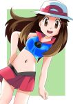  1girl breasts brown_eyes brown_hair hainchu hat highres leaf_(pokemon) long_hair looking_at_viewer open_mouth pokemon pokemon_(game) pokemon_frlg simple_background sleeveless smile solo white_background 