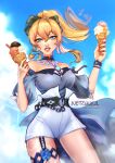1girl cloudy_sky female genshin_impact highres holding_food ice_cream jean_(genshin_impact) jean_(sea_breeze_dandelion)_(genshin_impact) jewelry looking_at_viewer necklace signature sky smile solo summer thigh_strap thighs