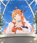  ahoge blonde_hair blue_sky blurry blurry_background blush cosplay day detached_sleeves dragon_horns eyebrows_visible_through_hair highres hololive hololive_english horns kiryu_coco lendivere long_sleeves looking_at_viewer multicolored_hair neck_ribbon orange_hair pink_eyes pointy_ears ribbon sky smile streaked_hair takanashi_kiara takanashi_kiara_(cosplay) twitter_username virtual_youtuber 