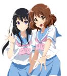  2girls :d bangs black_hair blue_sailor_collar blue_skirt blush brown_eyes brown_hair cute hare_(hal0331) hibike!_euphonium kitauji_high_school_uniform kousaka_reina kyoto_animation long_hair looking_at_viewer medium_hair multiple_girls neckerchief open_mouth oumae_kumiko outstretched_arm pink_neckwear pleated_skirt sailor_collar school_uniform serafuku shirt short_sleeves simple_background skirt smile standing takarajimasha violet_eyes waving white_background white_shirt 