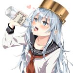  1girl alcohol anchor_symbol artist_name black_sailor_collar blue_eyes commentary_request drinking heart heart-shaped_pupils hibiki_(kancolle) kantai_collection kukimaru long_hair neckerchief open_mouth pot_on_head red_neckwear sailor_collar school_uniform serafuku silver_hair simple_background solo symbol-shaped_pupils upper_body vodka white_background 
