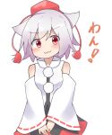  1girl :3 animal_ears bangs detached_sleeves esu_(wgdg3833) hands_together hat highres inubashiri_momiji long_sleeves pom_pom_(clothes) red_eyes short_hair simple_background skirt tokin_hat touhou white_background white_hair wolf_ears 