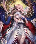  2girls black_gloves breasts closed_eyes crossed_legs detached_sleeves dress ell_(ellnun) floating_hair gloves highres hug hug_from_behind long_hair medium_breasts moon multiple_girls official_art open_hands parted_lips pink_hair shadowverse single_glove smile very_long_hair violet_eyes white_dress white_hair wide_sleeves 