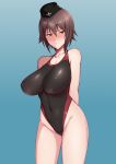  1girl arms_behind_back bangs black_headwear black_swimsuit blue_background blush breasts brown_eyes brown_hair collarbone cowboy_shot garrison_cap girls_und_panzer harunori_oogami hat highleg highleg_swimsuit highres large_breasts nishizumi_maho short_hair sideways_glance solo swimsuit 