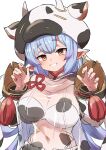  1girl animal_print blue_hair breasts cow_hat cow_print draph earrings gazacy_(dai) granblue_fantasy highres jewelry large_breasts long_hair looking_at_viewer navel pointy_ears see-through shatola_(granblue_fantasy) simple_background smile solo white_background 