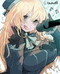  atago_(kancolle) bangs beret black_gloves blonde_hair blue_eyes blue_headband blush breasts dated flying_sweatdrops gloves hair_between_eyes hat headband highres holding holding_microphone kantai_collection large_breasts long_sleeves microphone military military_uniform one-hour_drawing_challenge open_mouth pinky_out ruohire9 simple_background solo sweat twitter_username uniform 