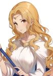  1girl absurdres blonde_hair blush bracelet brown_eyes cape circlet commission commissioner_upload edain_(fire_emblem) fire_emblem fire_emblem:_genealogy_of_the_holy_war haru_(nakajou-28) highres holding jewelry long_hair long_sleeves looking_at_viewer simple_background skeb_commission upper_body wavy_hair white_background 