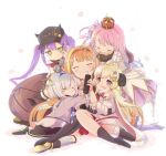  5girls amane_kanata bangs baseball_cap bibi_(tokoyami_towa) blonde_hair bow candy_hair_ornament crown crying demon_tail dragon_girl dragon_horns eyebrows_visible_through_hair food-themed_hair_ornament full_body hair_ornament hairclip hat highres himemori_luna holoforce hololive horns hug kiryu_coco long_hair multiple_girls nanamikaze orange_hair pink_hair purple_hair silver_hair star_(symbol) star_hair_ornament tail tears tokoyami_towa tsunomaki_watame twintails violet_eyes 