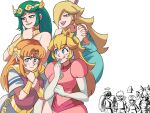 4girls armlet bare_shoulders black_hair blonde_hair blue_eyes blush bowser breasts brown_hair comedy crown dress earrings gloves green_eyes green_hair hair_over_one_eye hat hetero highres jealous jealousy jewelry kid_icarus kid_icarus_uprising link long_hair looking_at_viewer luma_(mario) mario multiple_girls necklace open_mouth palutena pendant pit_(kid_icarus) pointy_ears princess_peach princess_zelda rosalina short_hair side_slit simple_background smile star_(symbol) star_earrings super_mario_bros. super_mario_galaxy super_smash_bros. the_legend_of_zelda the_legend_of_zelda:_a_link_between_worlds the_legend_of_zelda:_breath_of_the_wild tiara tina_fate vambraces very_long_hair wings