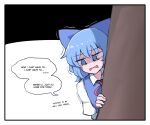  1girl blue_bow blue_dress blue_eyes bow cirno collared_shirt crying crying_with_eyes_open dress english_commentary english_text eyebrows_visible_through_hair hair_bow hiding highres mata_(matasoup) no_pupils red_bow red_neckwear shirt solo tears touhou tree trembling white_shirt 