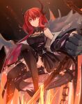 1girl arknights black_dress chain collar demon_girl demon_horns dress expressionless highres horns looking_down minuo off_shoulder redhead sitting spiked_collar spikes surtr_(arknights) thigh-highs violet_eyes 