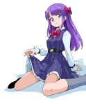  1girl arm_support belt black_belt blue_eyes bow bowtie closed_mouth collared_shirt dress eyebrows_visible_through_hair grey_legwear hair_bow kaguya_madoka kneehighs leaning_back long_hair long_sleeves looking_at_viewer pinafore_dress precure purple_dress purple_hair red_bow red_neckwear shiny shiny_hair shirt short_dress simple_background sitting sketch skirt_hold sleeveless sleeveless_dress smile solo star_twinkle_precure striped uraki vertical-striped_dress vertical_stripes white_background white_shirt wing_collar 