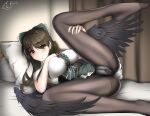  1girl absurdres artist_name bangs bird_wings black_hair black_legwear black_wings blouse blush bow breasts collared_blouse commentary_request eyebrows_visible_through_hair foot_out_of_frame frilled_skirt frills green_bow green_skirt hair_between_eyes hair_bow highres indoors korean_commentary large_breasts leg_lift long_hair looking_at_viewer lying mixed-language_commentary no_shoes on_back on_bed open_mouth panties panties_under_pantyhose pantyhose pillow pixiv_id red_eyes reiuji_utsuho sechy short_sleeves signature skirt solo third_eye touhou twitter_username underwear white_blouse white_panties wings 