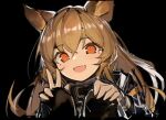  1girl :d animal_ears arknights black_background boots brown_footwear brown_hair brown_shirt ceobe_(arknights) dog_ears dog_girl error1980 fang hands_on_own_knees highres long_hair looking_at_viewer open_mouth orange_eyes portrait red_eyes shirt simple_background skin_fang smile solo squatting thigh-highs thigh_boots upper_body w 