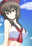  1girl bangs bikini black_headwear black_sailor_collar blue_sky breasts brown_eyes brown_hair closed_mouth clouds cloudy_sky commentary covered_nipples day dixie_cup_hat frilled_bikini frills girls_und_panzer girls_und_panzer_senshadou_daisakusen! hat head_tilt highres iron_cross kamishima_kanon large_breasts leaning_forward looking_at_viewer military_hat neckerchief nishizumi_maho official_alternate_costume outdoors red_neckwear sailor_bikini sailor_collar short_hair sky solo swimsuit upper_body white_bikini 
