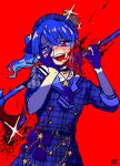  1girl :d artist_name axe beret blood blood_splatter blue_eyes blue_hair blush choker crown dress gloves hair_ribbon hand_on_own_face hat hololive hoshimachi_suisei omocat open_mouth plaid plaid_dress red_background ribbon side_ponytail simple_background smile solo upper_body virtual_youtuber 