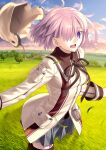  1girl beige_headwear brown_ribbon clouds fate/grand_order fate_(series) field grass grey_skirt hair_over_one_eye hat headwear_removed jacket looking_at_viewer lostroom_outfit_(fate) mash_kyrielight neck_ribbon official_alternate_costume official_art open_mouth pleated_skirt pocket purple_hair ribbon short_hair skirt smile solo standing takeuchi_takashi thigh-highs tree violet_eyes zettai_ryouiki 