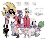  3boys alolan_form alolan_persian black-framed_eyewear black_hair blonde_hair character_request commentary_request copyright_request crossover gen_2_pokemon gen_3_pokemon gen_4_pokemon gen_6_pokemon gen_7_pokemon glasses hand_on_own_thigh holding holding_pokemon jacket knee_pads knees long_sleeves lunatone male_focus meowstic meowstic_(female) multiple_boys ohhhhhhtsu on_head oranguru pokemon pokemon_(creature) pokemon_on_head shirt shoes short_hair short_sleeves shorts sneakers spiky_hair squatting standing translation_request twitter_username umbreon weavile white_background 