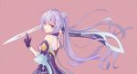  1girl absurdres back bangs double_bun fibonacci_no_usagi genshin_impact gloves hair_between_eyes highres holding holding_sword holding_weapon keqing_(genshin_impact) long_hair looking_at_viewer open_mouth pink_background purple_gloves simple_background solo sword twintails v-shaped_eyebrows weapon 