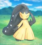  blurry closed_eyes closed_mouth clouds commentary day english_commentary facing_viewer full_body gen_3_pokemon grass hand_up highres hill mawaifu mawile no_humans outdoors pokemon pokemon_(creature) signature sky smile solo standing toes tree 