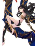  1girl ass bare_legs bare_shoulders black_hair black_legwear breasts crown earrings elbow_gloves fate/grand_order fate_(series) fingerless_gloves gloves hair_ornament highres ishtar_(fate) ishtar_(fate)_(all) jewelry long_hair looking_at_viewer looking_back red_eyes simple_background solo thigh-highs twintails underwear white_background yohaku 