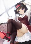  1girl bangs black_hair black_legwear bodice breasts crossed_legs cup dutch_angle eyebrows_visible_through_hair frilled_skirt frills hairband high_heels highres holding holding_cup long_hair looking_at_viewer medium_breasts ochinsama original skirt solo teacup thigh-highs violet_eyes 